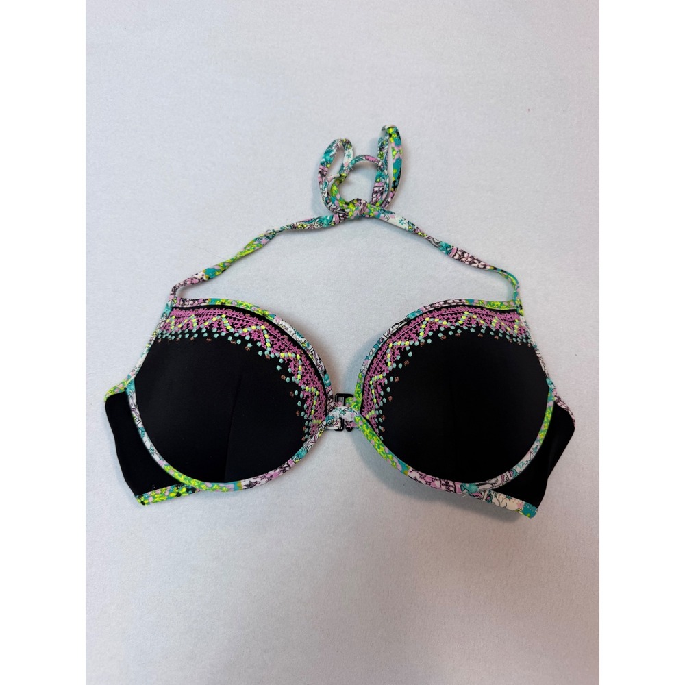 Victorias Secret Black Paisley Halter Bikini Top Underwire Padded 36C 347856-8MU